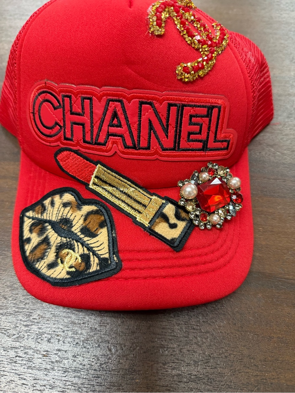 Red Embellished Logo Patch Baseball Cap